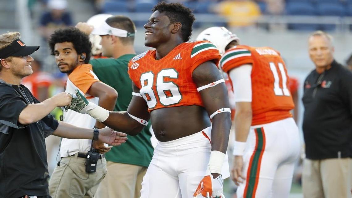 Miami Hurricanes tight end David Njoku (86) before the start of the game as the University of Miami takes on the West Virginia Mountaineers at the Russell Athletic Bowl in Orlando Wed., Dec. 28, 2016.