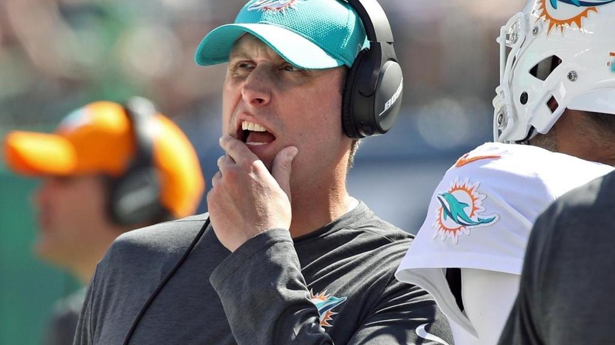 Miami Dolphins head coach Adam Gase on the sidelines in the second quarter as the New York Jets host the Miami Dolphins at Met Life Stadium on Sun., Sept. 24, 2017.