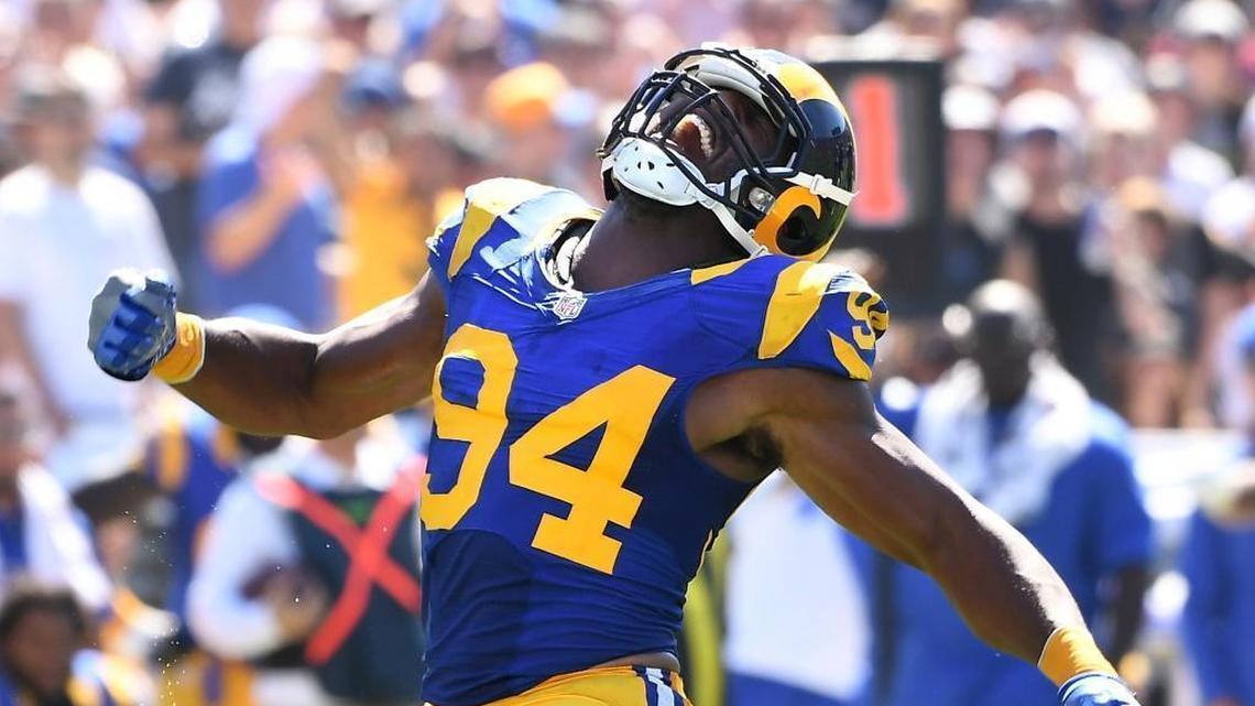 New Dolphins defensive end Robert Quinn celebrates a sack for the Rams against Seattle in a game in September 2016. The Dolphins acquired him from the Rams this offseason, and he has looked good in offseason practices.