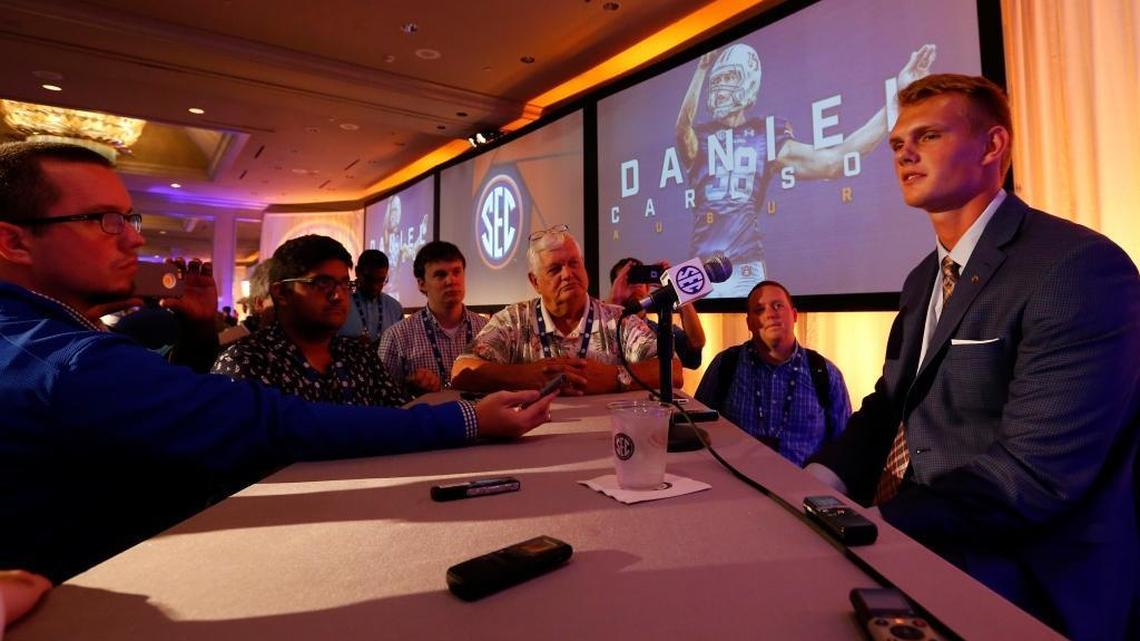 Auburn kicker Daniel Carlson speaks during the Southeastern Conference’s annual media gathering last July in Hoover, Ala. Carlson auditioned for the Dolphins on Monday.