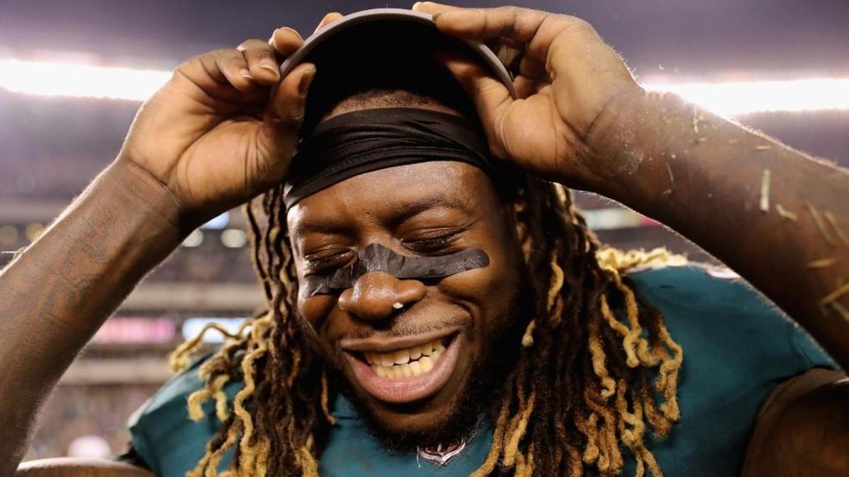 Jay Ajayi #36 of the Philadelphia Eagles celebrates his teams win in the NFC Championship game against the Minnesota Vikings at Lincoln Financial Field on Jan. 21, 2018 in Philadelphia, Pennsylvania. George Halas Trophy The Philadelphia Eagles defeated the Minnesota Vikings 38-7.