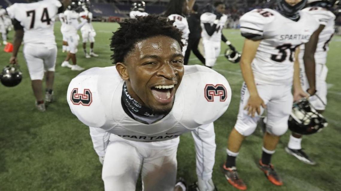 Southridge wide receiver Mark Pope (3) celebrates on the sidelines after catching a late fourth quarter touch down pass to take the lead as Miami Southridge plays Orlando Dr. Phillips for Class 8A state football championship at Camping World Stadium in Orlando on Sat., Dec. 10, 2016