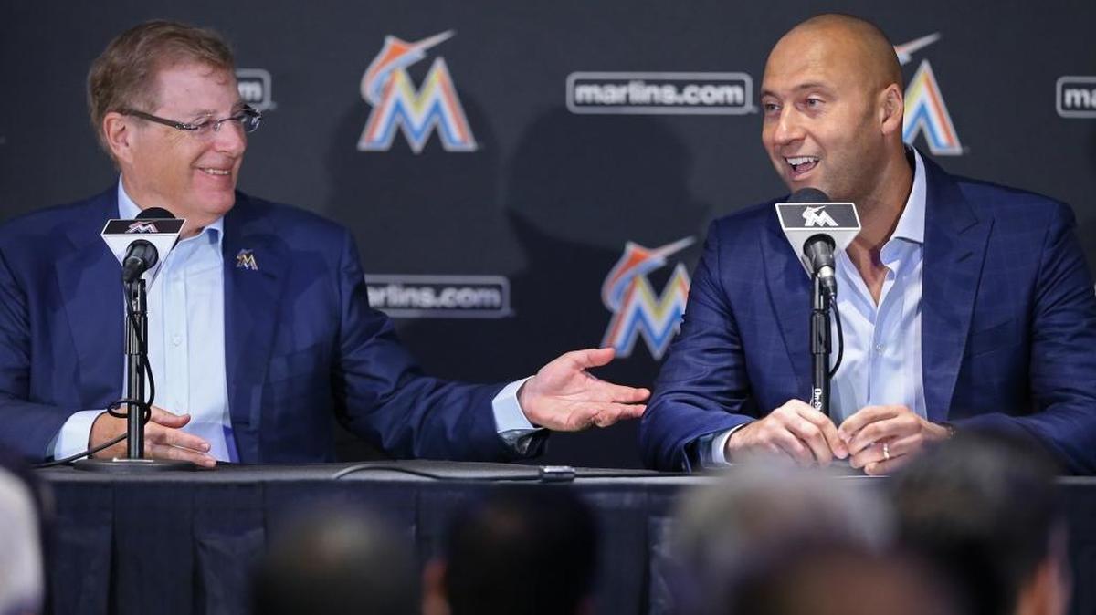 Bruce Sherman and Derek Jeter, left to right, hold their first press conference as Marlins owners on Tuesday, October 3, 2017.