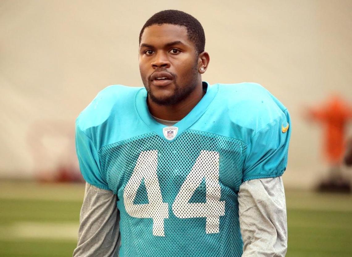 Former New Orleans Saints linebacker Stephone Anthony who was traded to the Miami Dolphins is shown here at Miami Dolphins football practice on Wednesday, Sept. 20, 2017.
