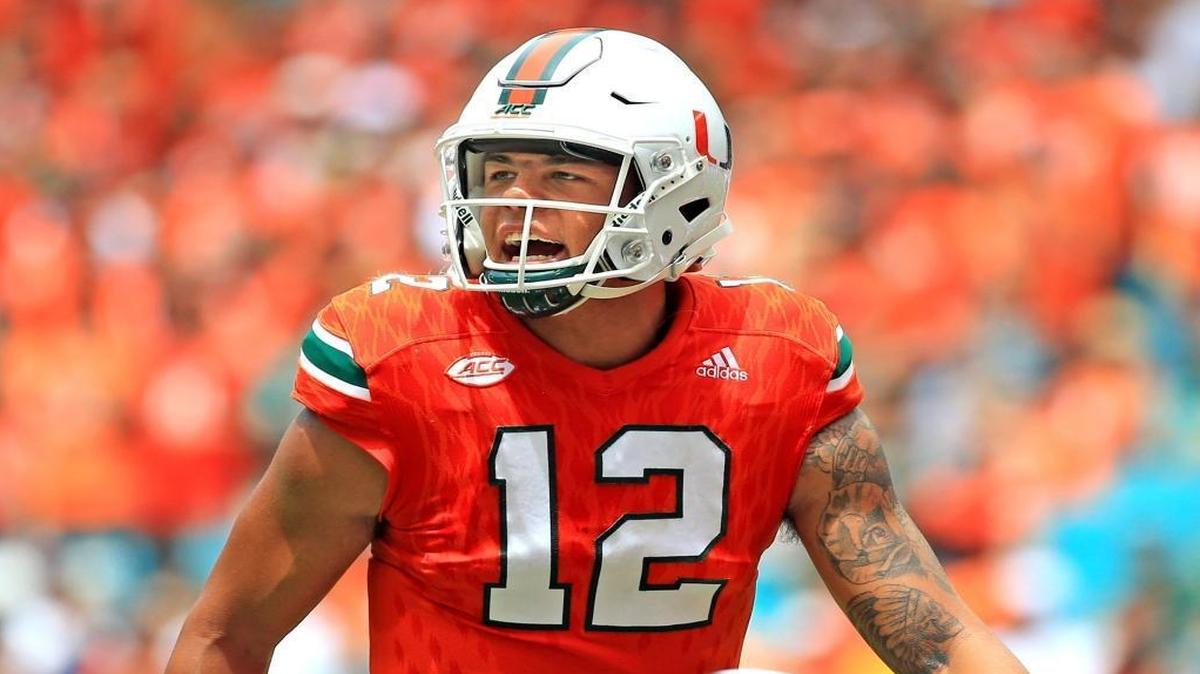 Miami Hurricanes quarterback Malik Rosier (12) shouts in the second quarter as the University of Miami hosts Bethune-Cookman at Hard Rock Stadium on Saturday, Sept. 2, 2017.