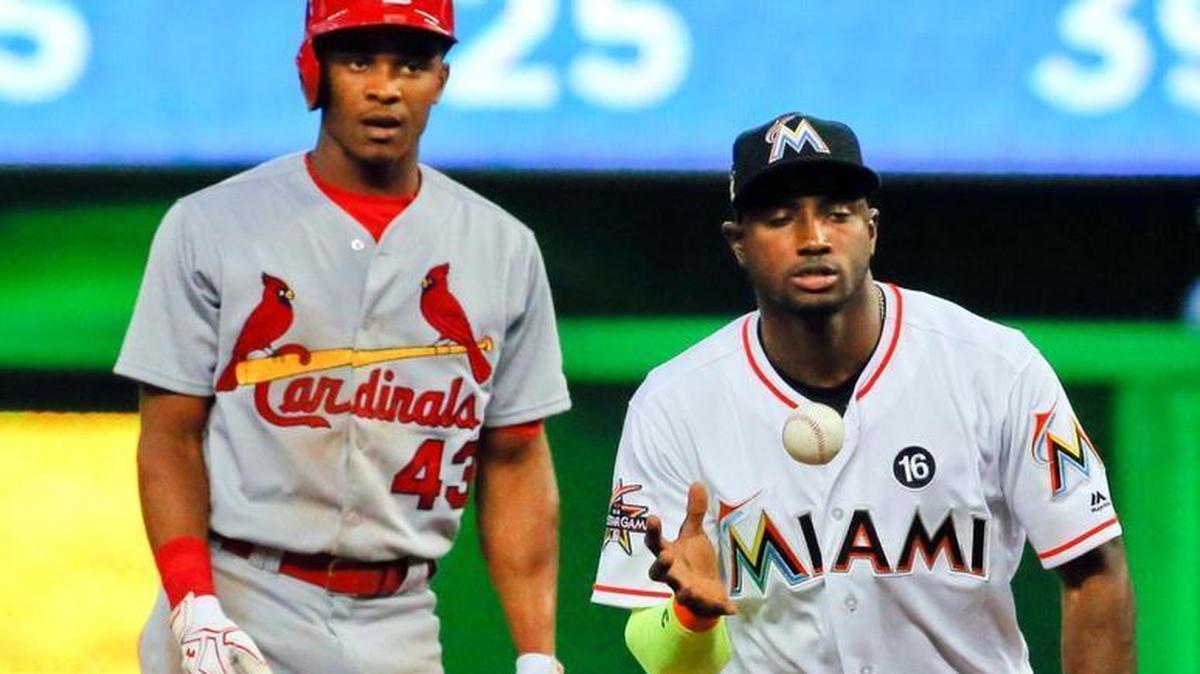 New Marlins outfielder Magneuris Sierra, acquired by the Marlins in the Marcell Ozuna trade, is caught stealing by then-Miami Marlins shortstop Adeiny Hechavarria in a Marlins-Cardinals game on May, 9, 2017.