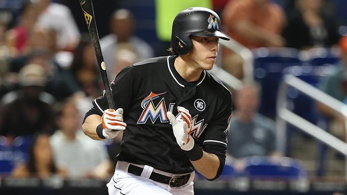 Miami Marlins' right fielder Christian Yelich hits a single in the seventh inning of the Miami Marlins vs The Colorado Rockies game at Marlins Park in Little Havana in Miami on Sat., Aug. 12, 2017.