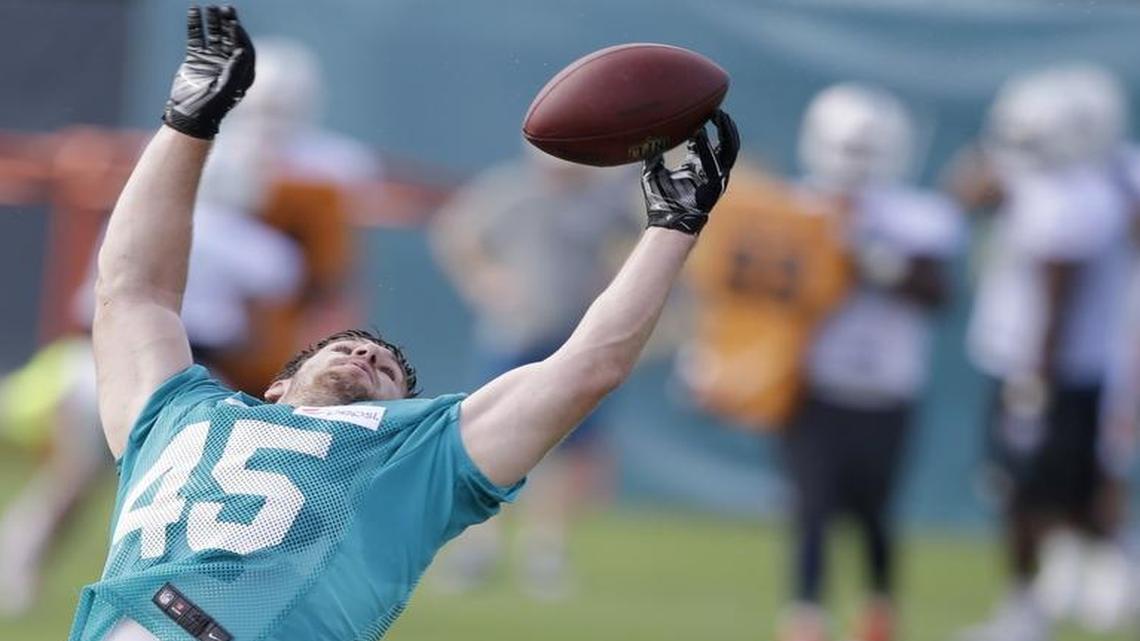 Miami Dolphins linebacker Mike Hull (45) catches a pass as he and linebacker Neville Hewitt (46) run drills at the teams NFL football training camp, Thurs., July 30, 2015, in Davie, Fla.