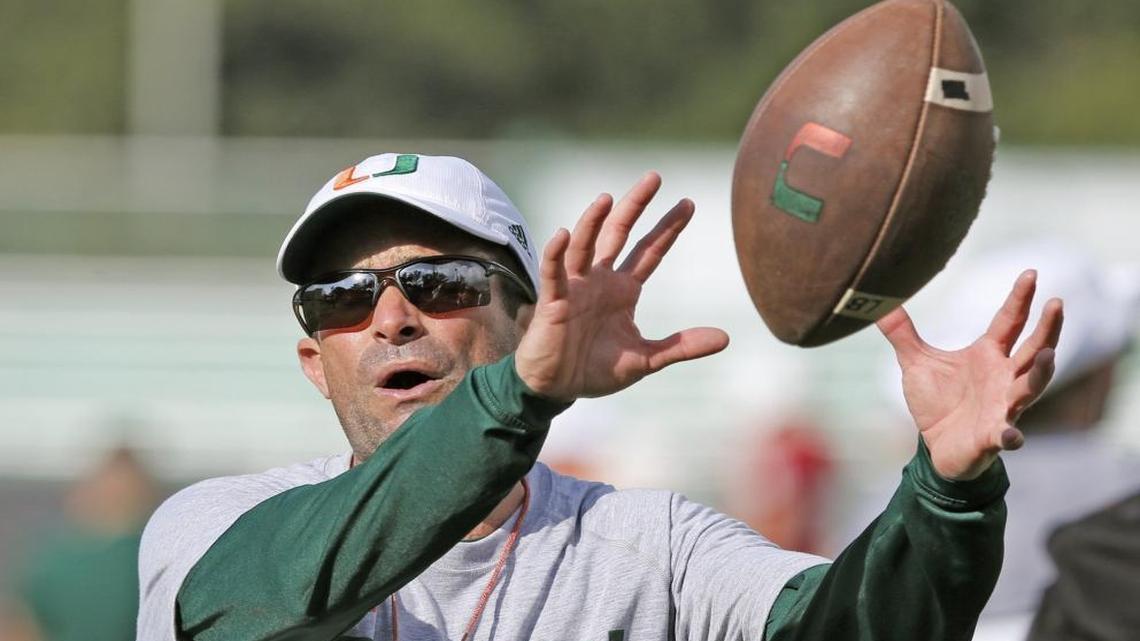 Defensive coordinator Manny Diaz coaching during opening day of the University of Miami Spring football practice on Tues., March 15, 2016.