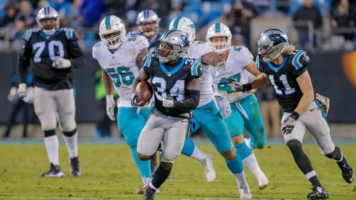 Carolina Panthers' Cameron Artis-Payne (34) finds some open running room against the Miami Dolphins' defense during the second half of a 45-21 Carolina win last November. The Dolphins' run defense remains a concern.