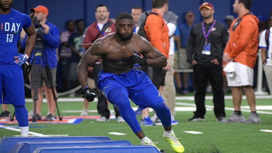 Linebacker Jarrad Davis runs through a drill during Florida's NFL Pro Day in Gainesville, Fla., Tues., March 28, 2017.