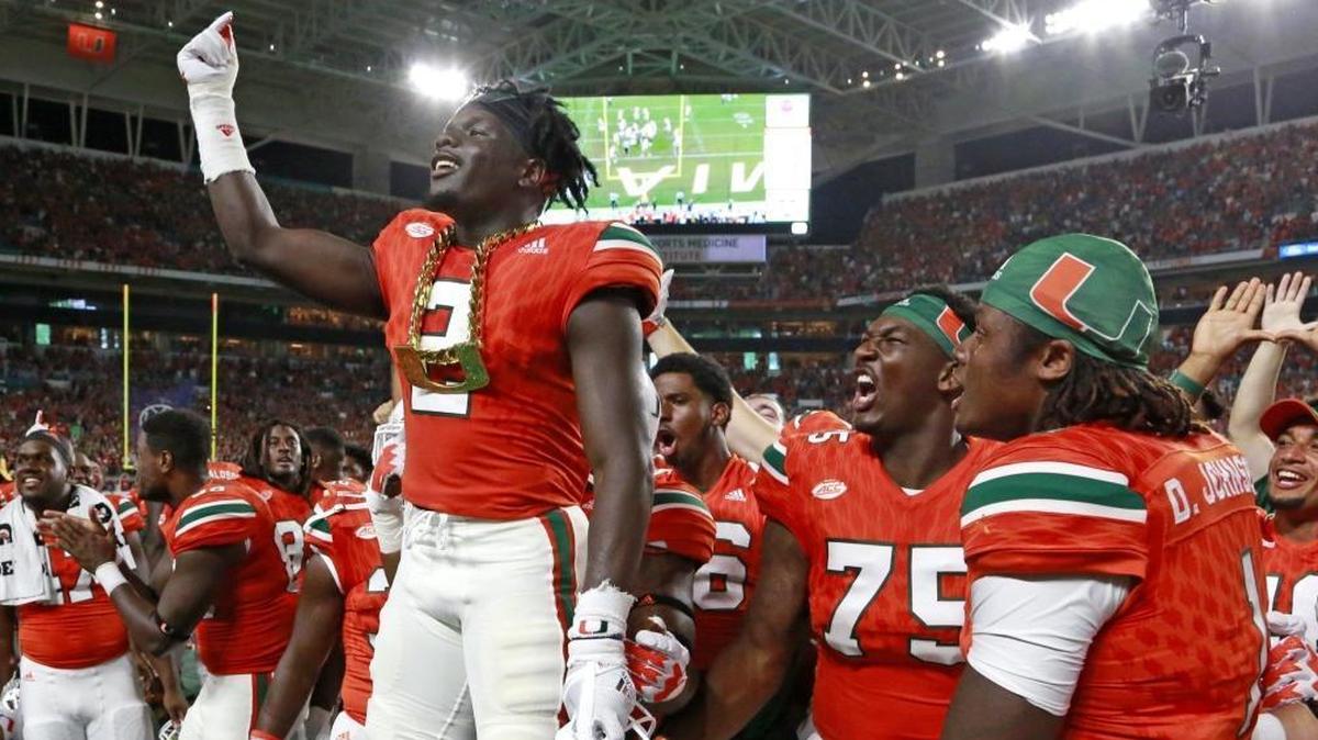 Miami Hurricanes cornerback Trajan Bandy (2) wears the turnover chain after intercepting a pass Nov. 11 against Notre Dame.