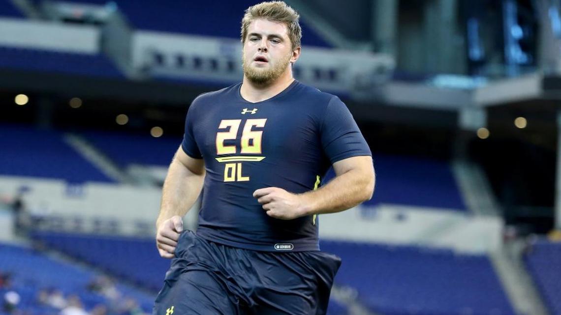 Western Kentucky offensive tackle Forrest Lamp competes in a drill at the 2017 NFL football scouting combine Fri., March 3, 2017, in Indianapolis.