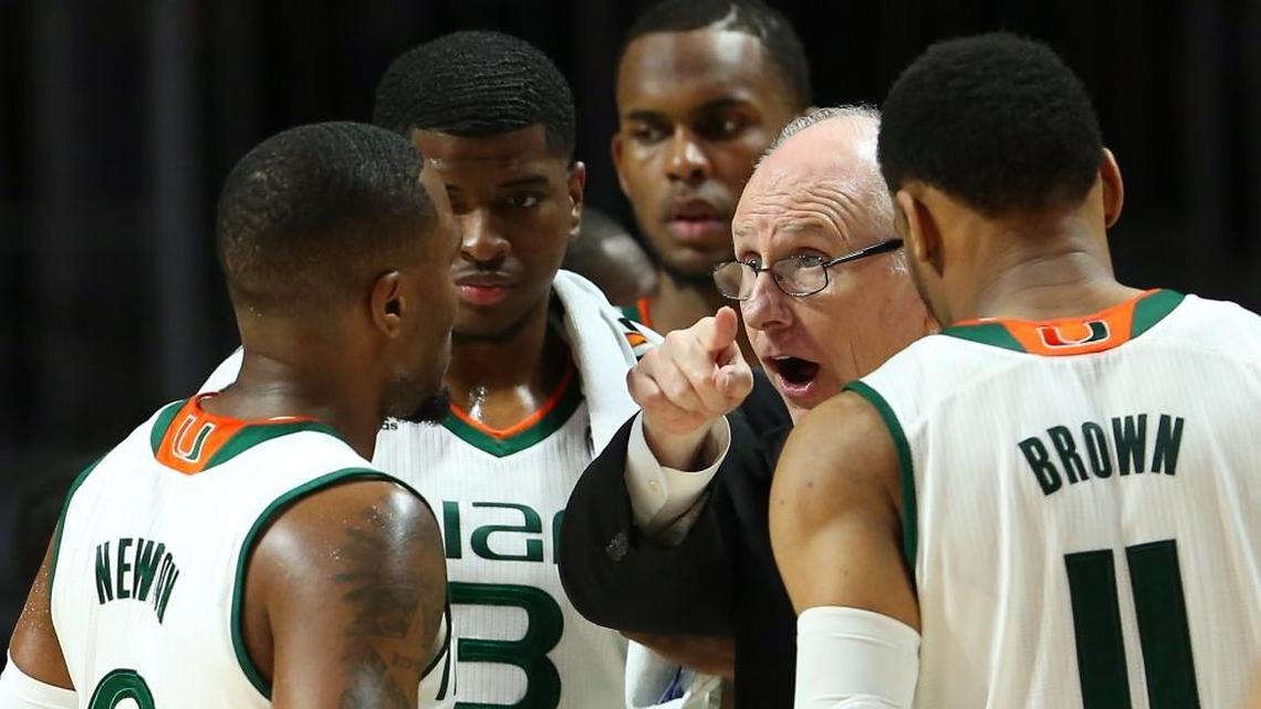 Miami Hurricanes head coach Jim Larrañaga gives instructions to his team during the second half of an NCAA college basketball game against the Duke Blue Devils at the Watsco Center in Coral Gables on Saturday, Feb. 25, 2017.
