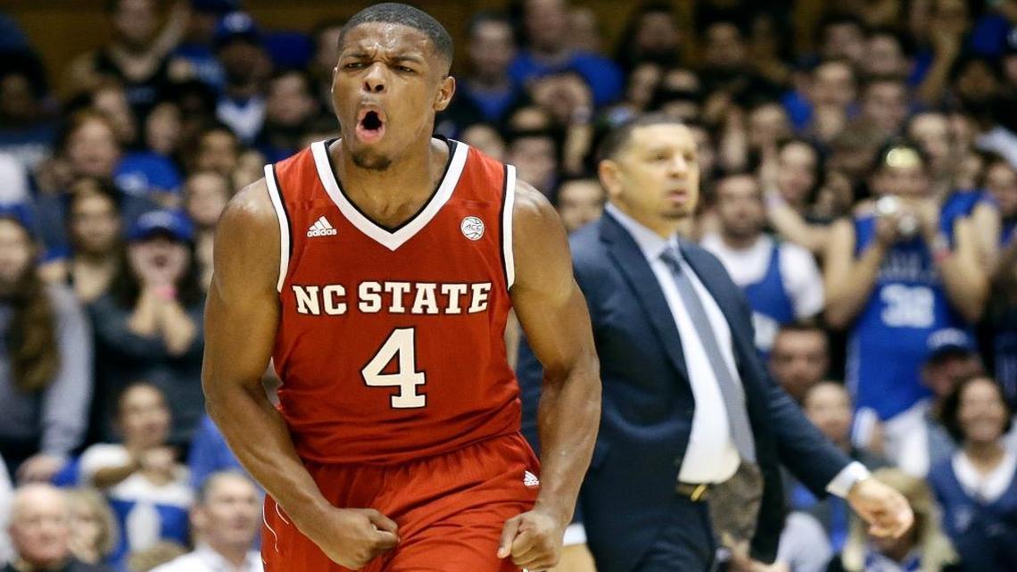 N.C. State's Dennis Smith Jr. (4) reacts following a basket against Duke during the second half of an NCAA college basketball game in Durham, N.C., Mon., Jan. 23, 2017. North Carolina State won 84-82.