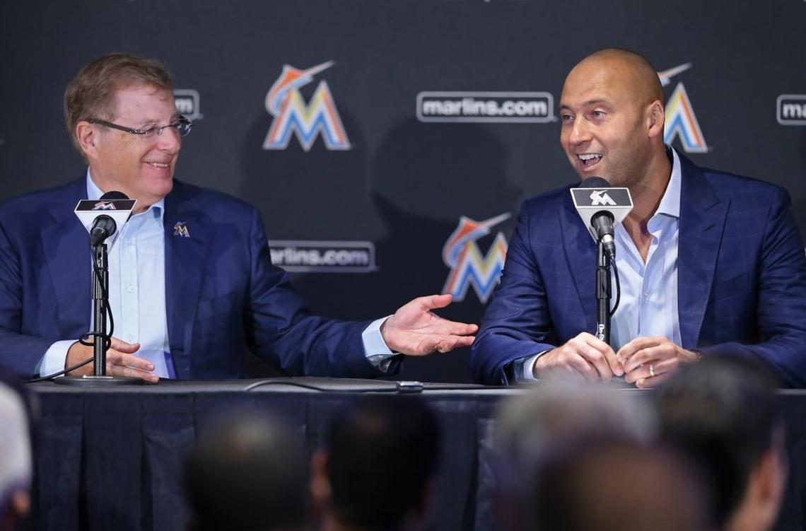Bruce Sherman, left, and Derek Jeter hold their first press conference as Marlins owners on Oct. 3, 2017.