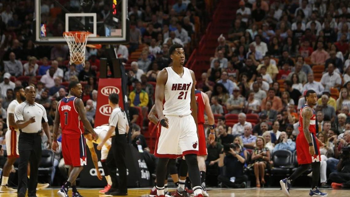 Miami Heat center Hassan Whiteside walks to the bench during the first quarter of an NBA basketball game against the Washington Wizards at AmericanAirlines Arena in Miami on Wednesday, March 12, 2017.