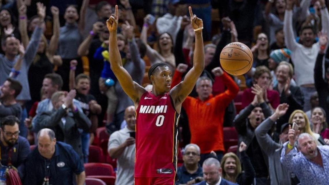 Miami Heat small forwards Josh Richardson (0) reacts after Sunday’s win against Utah. Richardson - and most of his Heat teammates - have played very well late in close games.