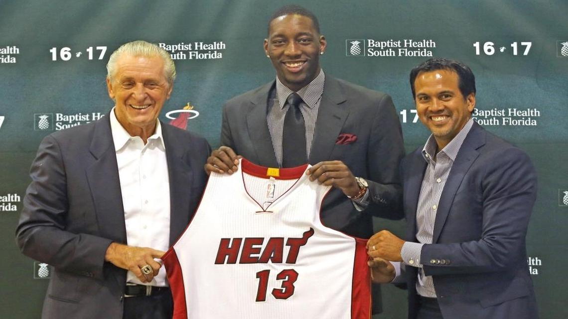 Miami Heat's president Pat Riley and coach Erik Spoelstra introduce the team's first-round draft pick Bam Adebayo to the media at the AmericanAirlines Arena, Miami on June 23, 2017.