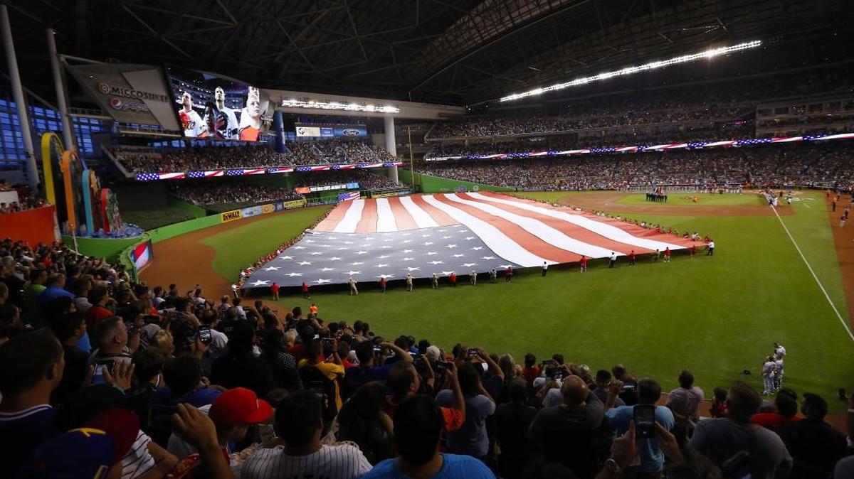 The playing of the national anthem before start of the MLB All-Star game on Tues., July 11, 2017, at Marlins Park in Miami.