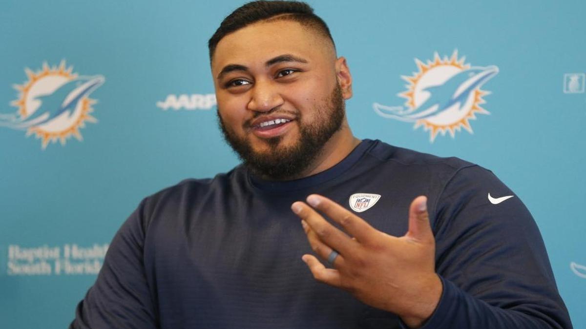 Miami Dolphins' Isaac Asiata speaks to the media at Miami Dolphins minicamp at the Dolphins training facility in Davie on Fri., May 5, 2017.