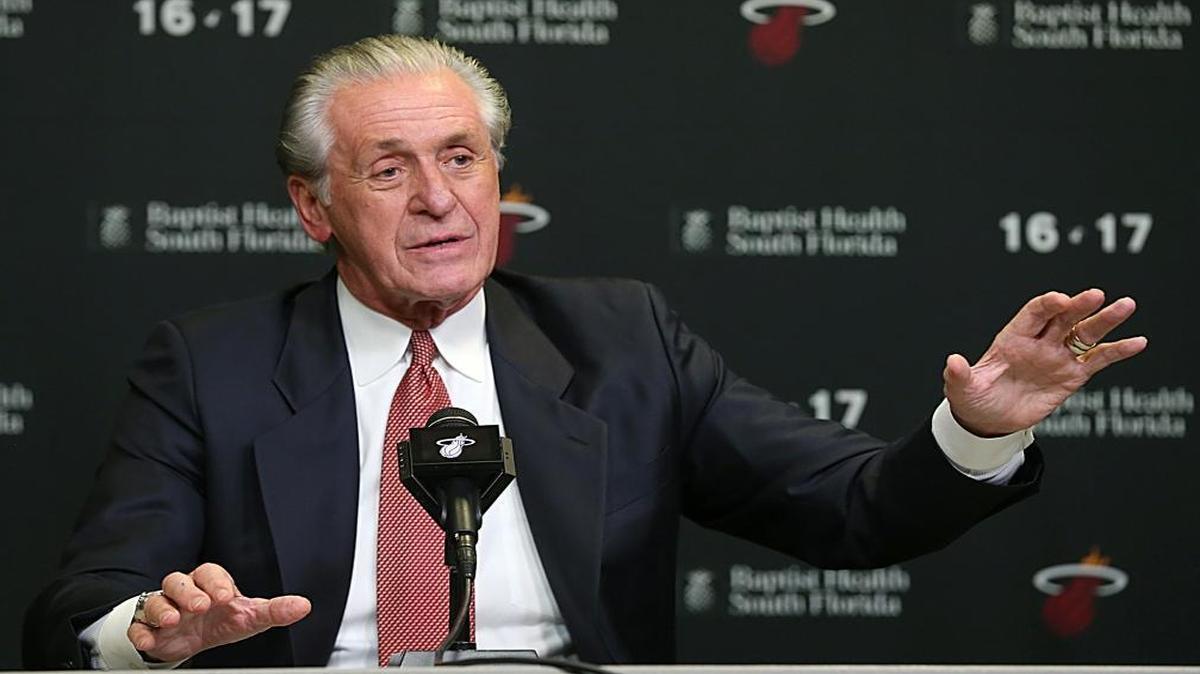 Miami Heat president Pat Riley, shares some experiences with about former Miami Heat player Shaquille O'Neal, at a press conference before the Heat retires his No. 32 jersey, during a special halftime ceremony of the Miami Heat vs Los Angeles Lakers, NBA game at AmericanAirlines Arena in Miami on Thurs., Dec. 22, 2016.