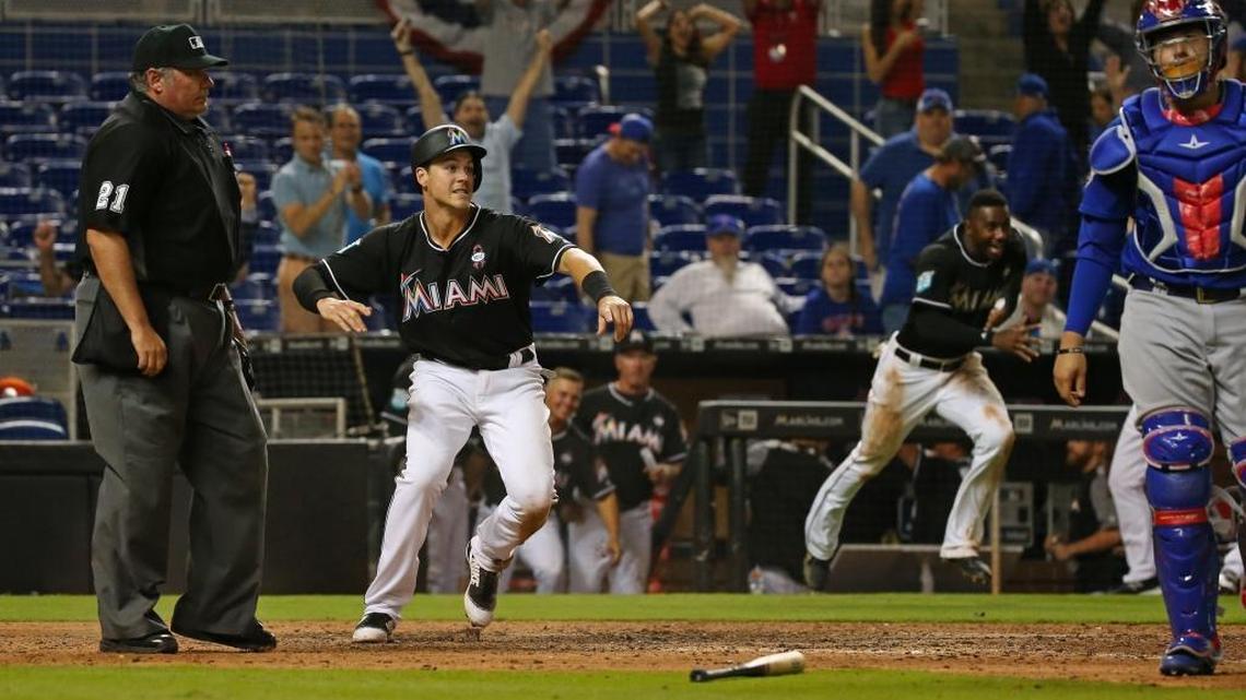 Miami Marlins third baseman Brian Anderson reacts after scoring on a game winning RBI single by teammate shortstop Miguel Rojas during the 17th inning of Friday night’s win against the Cubs. Anderson has played well in the early stages of the season.