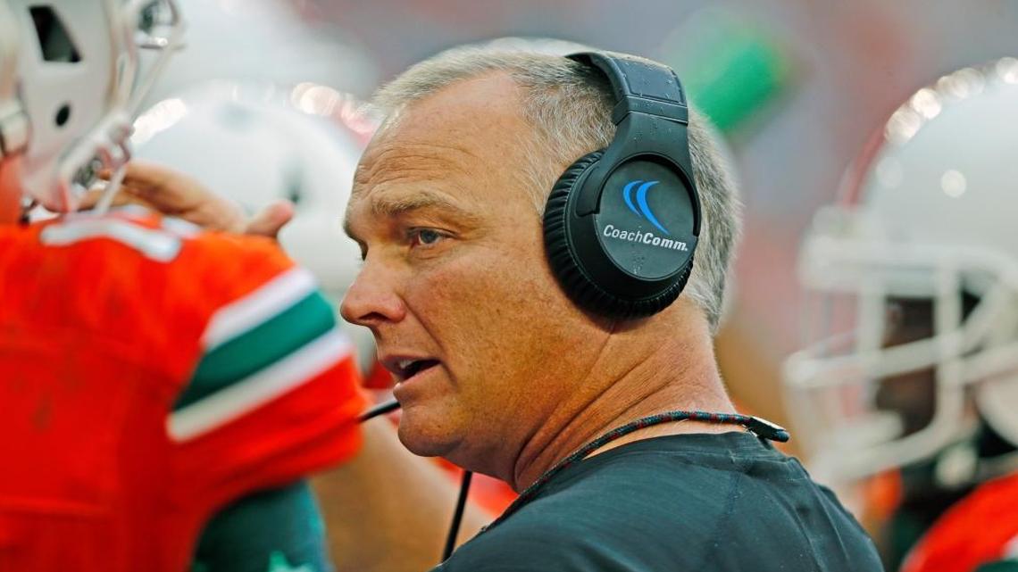 Miami head coach Mark Richt speaks with quarterback Brad Kaaya (15) on the sidelines in the third quarter of an NCAA college football game against Pittsburgh, Sat., Nov. 5, 2016, in Miami Gardens, Fla.