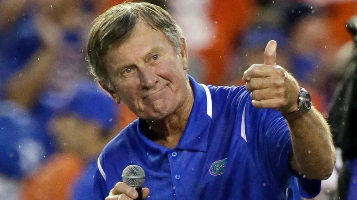 Former Gators coach Steve Spurrier - honored by the Gators during this 2016 game against Masachussetts - will coach the Orlando team in the new Alliance of American Football, which will launch next February with games on CBS and CBS Sports Net. Spurrier built Florida into an SEC powerhouse from 1990-2001, winning six conference titles and UF’s first national championship in 1996. (AP Photo/John Raoux, File)