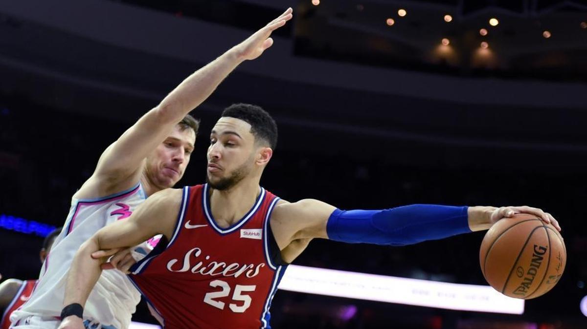 Philadelphia’s Ben Simmons, dribbling here against the Heat’s Goran Dragic, had a triple double in that Feb. 14 game to help lead the 76ers back from a 24-point deficit in a 104-102 win. The teams play again on Tuesday at AmericanAirlines Arena.