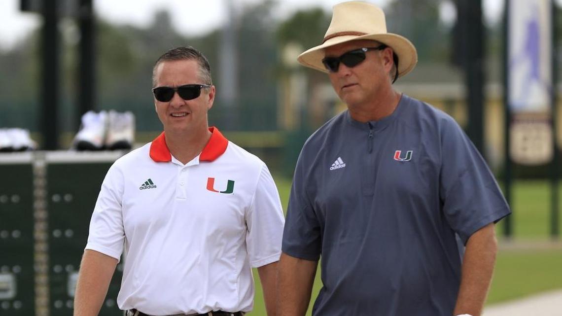 University of Miami athletic director Blake James (left), shown with football coach Mark Richt last year, went on the radio Thursday to speak about the current football situation.