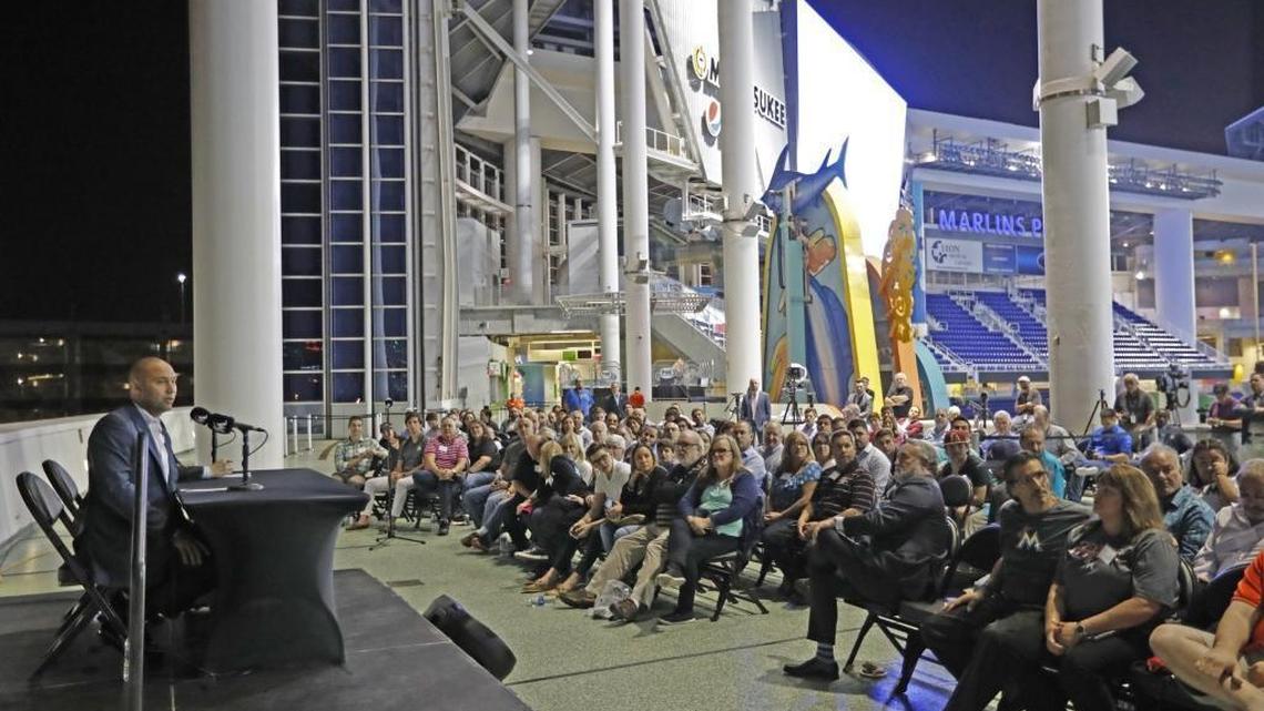 Miami Marlins co-owner Derek Jeter speaks and takes questions from Marlins fans during a town hall meeting at Marlins Park on Dec. 19, 2017.