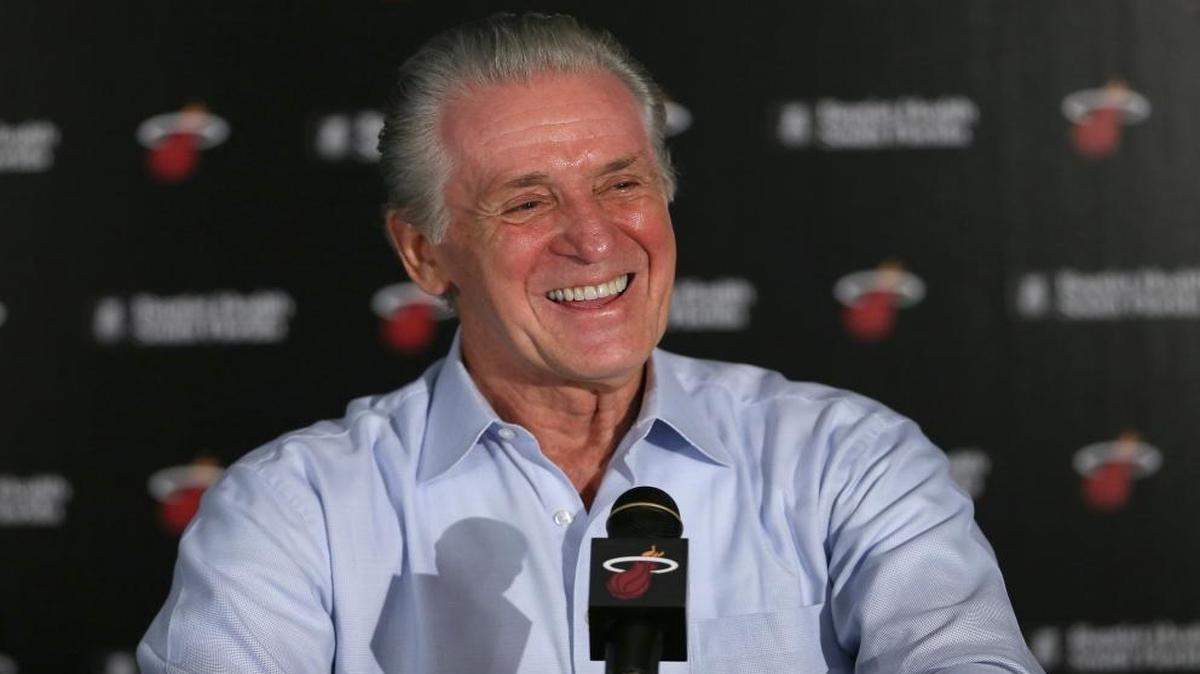 Miami Heat President Pat Riley talks to the media at the AmericanAirlines Arena on Sat., July 16, 2016, in Miami.