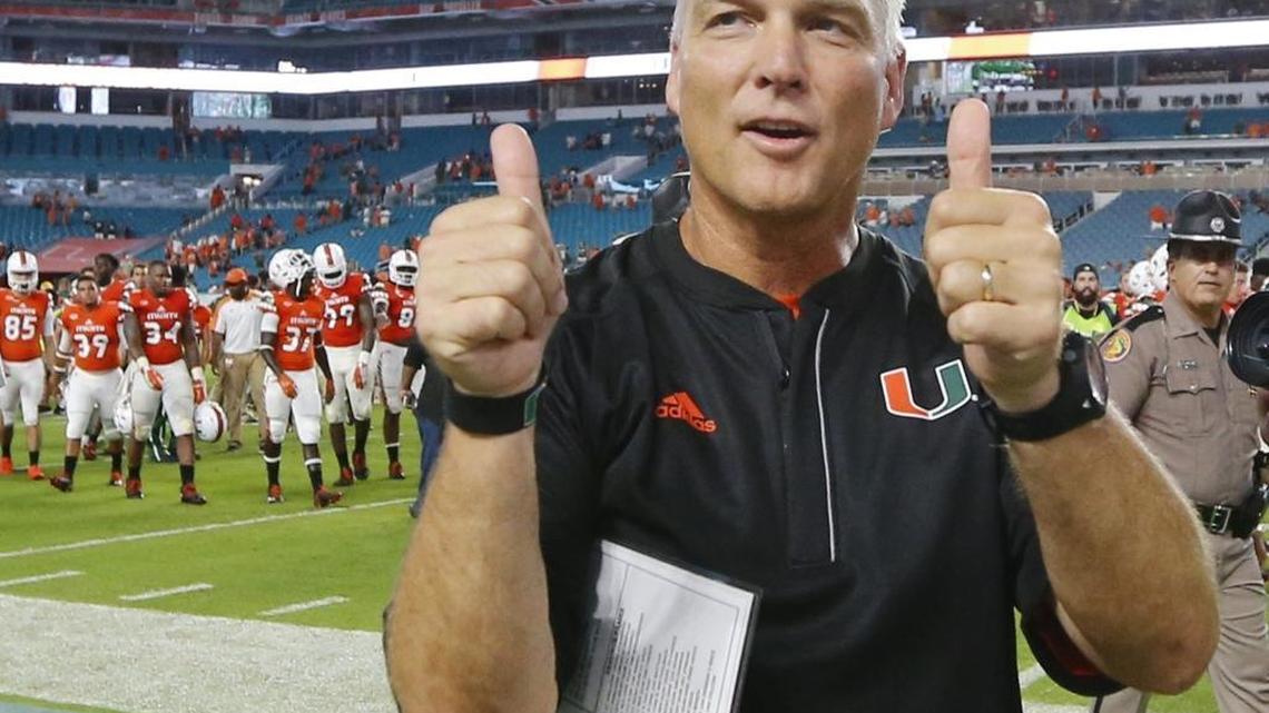 Miami Hurricanes head coach Mark Richt thumbs up after University of Miami defeats Florida A&M 70-3 at Hard Rock Stadium on Sat., Sept. 3, 2016.