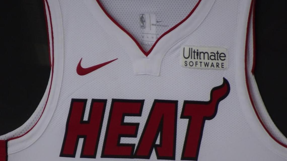 Ultimate Software’s patch on the Miami Heat’s new Nike jerseys was presented to the public Thursday, Sept. 21, 2017 at a press conference at AmericanAirlines Arena.