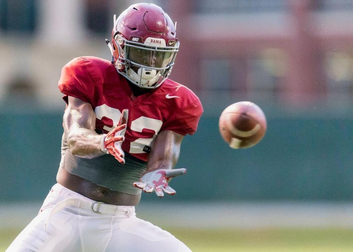 Alabama linebacker Rashaan Evans (32) works through drills during football practice at the Thomas-Drew Practice Fields in Tuscaloosa, Ala.