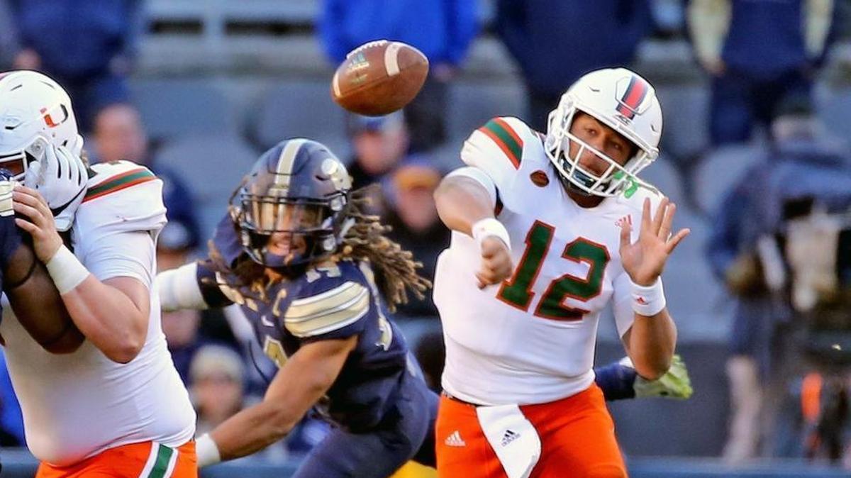 Miami Hurricanes quarterback Malik Rosier (12) has the ball stripped in the final seconds of the fourth quarter of Friday’s game against Pitt.