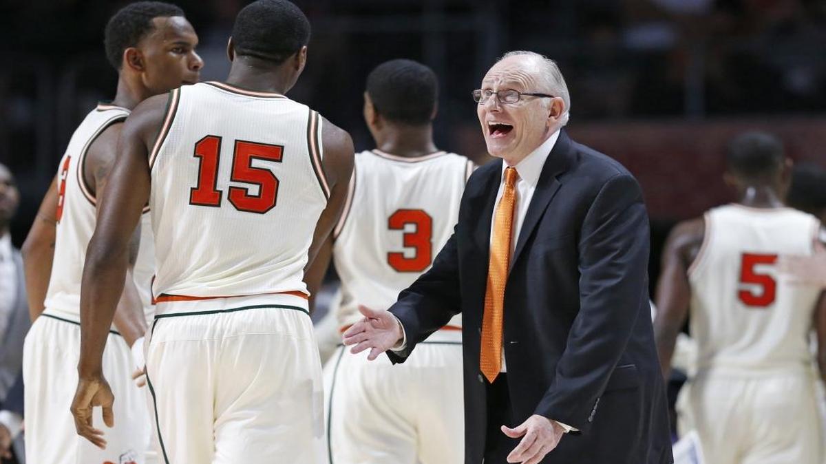 Miami head coach Jim Larranaga pleads at the official in the first half as the University of Miami hosts Notre Dame at the Watsco Center in Coral Gables on Thurs., Jan. 12, 2017.