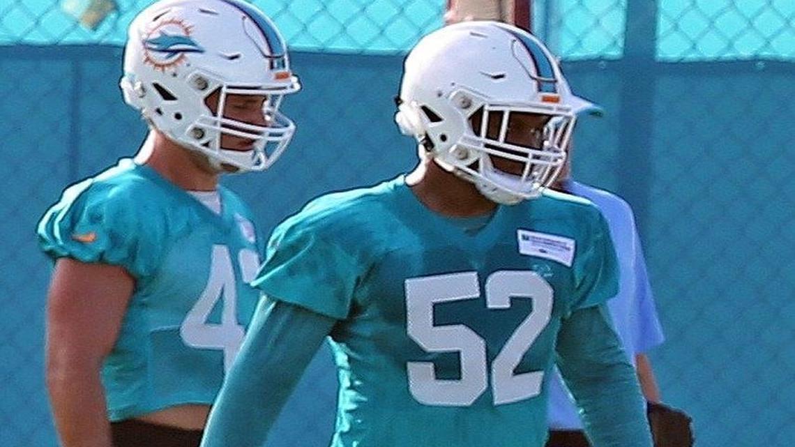 Miami Dolphins LB Raekow McMillan, 52, during training camp at the Miami Dolphins training facility in Davie, Fl, July 28, 2017.