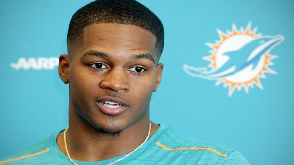 Miami Dolphins Raekwon McMillan, linebacker, speaks to the media at Miami Dolphins minicamp at the Dolphins training facility in Davie on Fri., May 5, 2017.