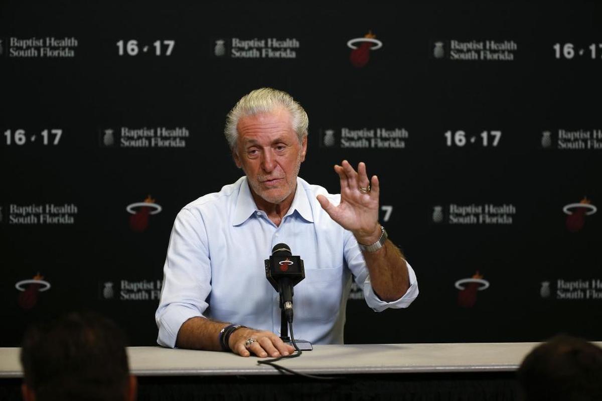 Miami Heat President Pat Riley talks to the media during the season ending press conference at the AmericanAirlines Arena on Wed., April 19, 2017 in in Miami.