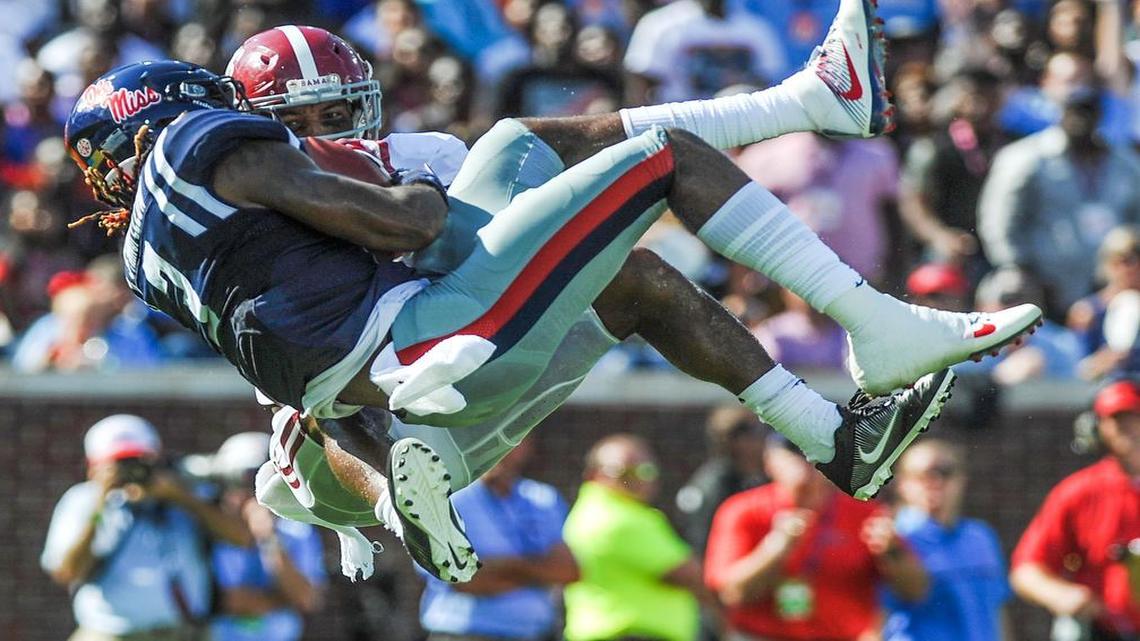 Mississippi wide receiver Damore'ea Stringfellow (3) makes a catch against Alabama defensive back Marlon Humphrey (26) during an NCAA college football game at Vaught-Hemingway Stadium in Oxford, Miss., Sat., Sept. 17, 2016.
