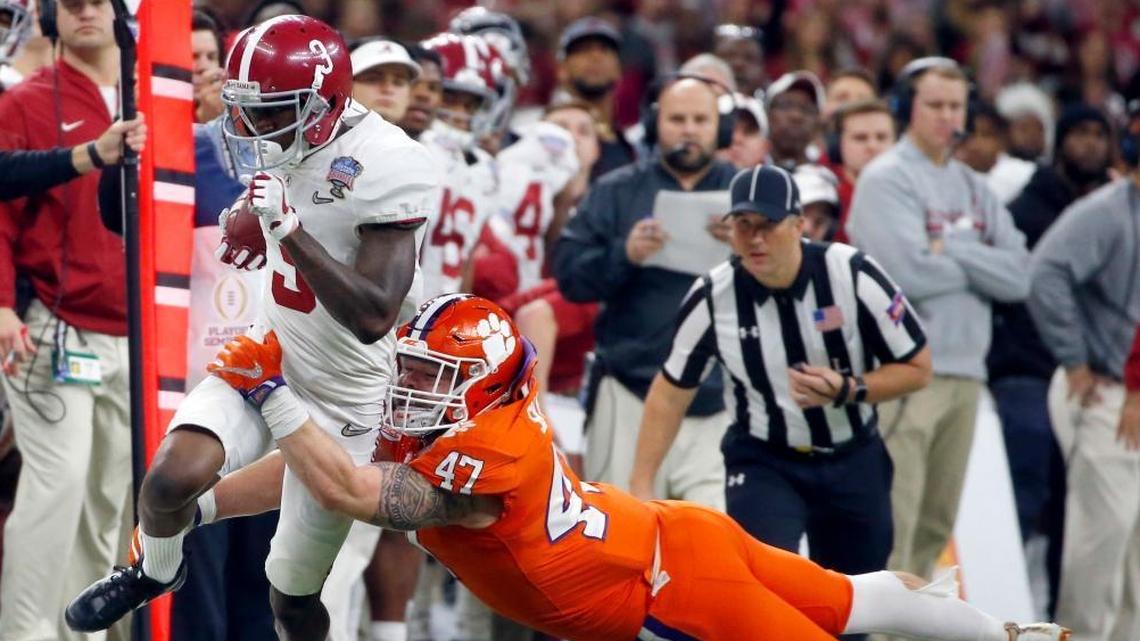Alabama wide receiver Calvin Ridley (3) is tackled by Clemson linebacker James Skalski (47) in the first half of the Sugar Bowl this past season. Ridley is a likely first-round NFL draft pick.