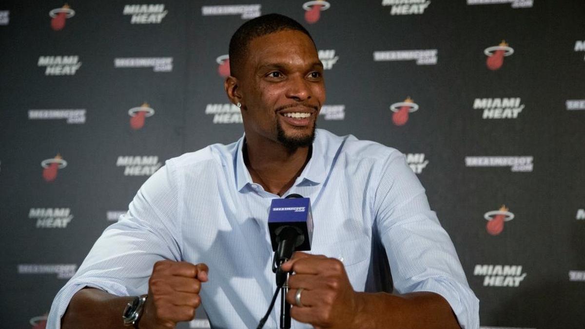 In this 2015 file photo, Miami Heat forward Chris Bosh at a news conference, in Miami.