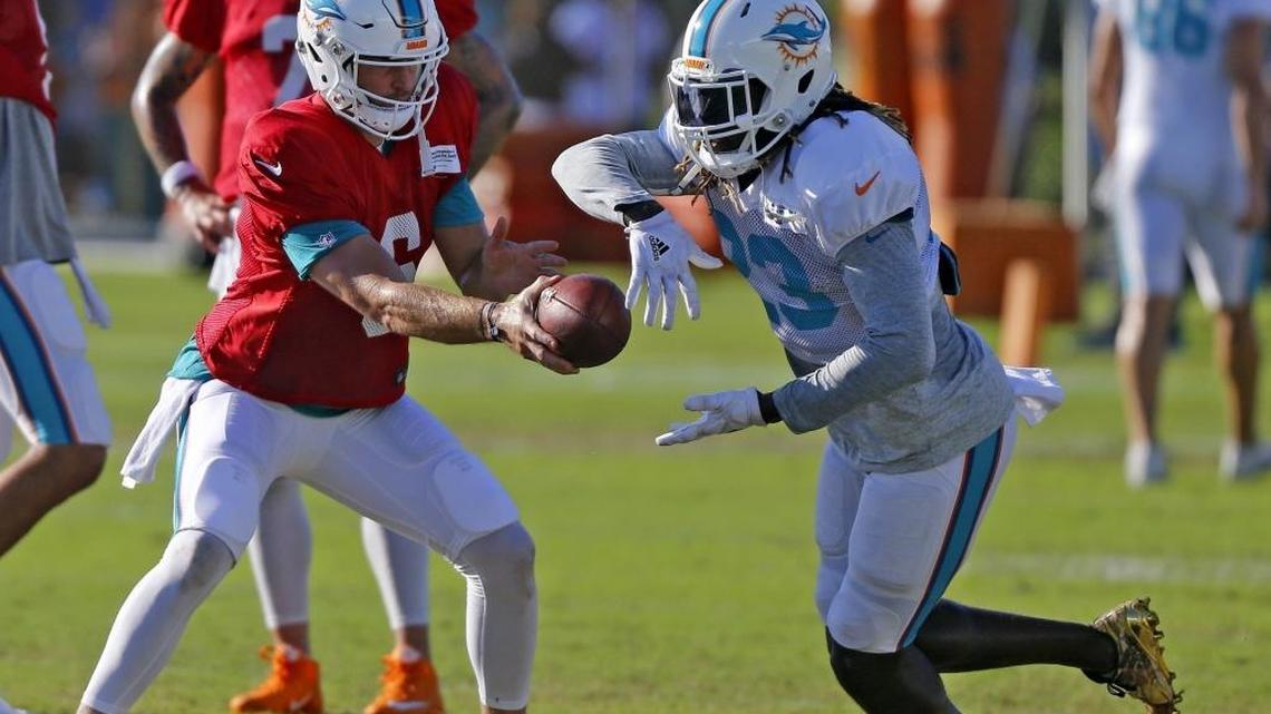On Sunday, August 13, 2017 Miami Dolphins quarterback Jay Cutler practices, left, hands off the to Jay Ajayi during training camp at the team's training facility in Davie, Florida.