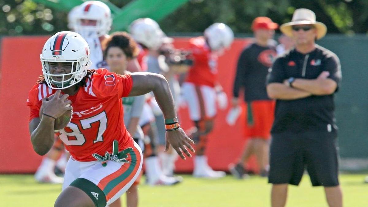 UM's Michael Irvin II (87) at the University of Miami's first day of football practice for the 2017 season, Miami, Florida, August 1, 2017.