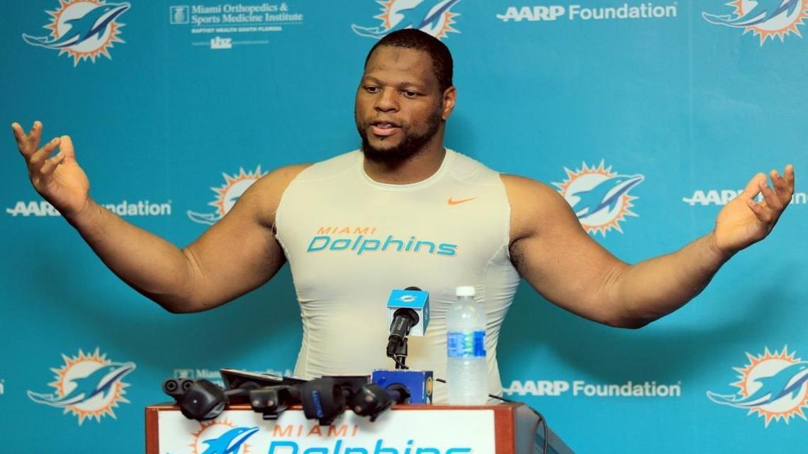 Defensive tackle, Ndamukong Suh (93) speaks to the media after Miami Dolphins football practice on Wed., Sept. 20, 2017.