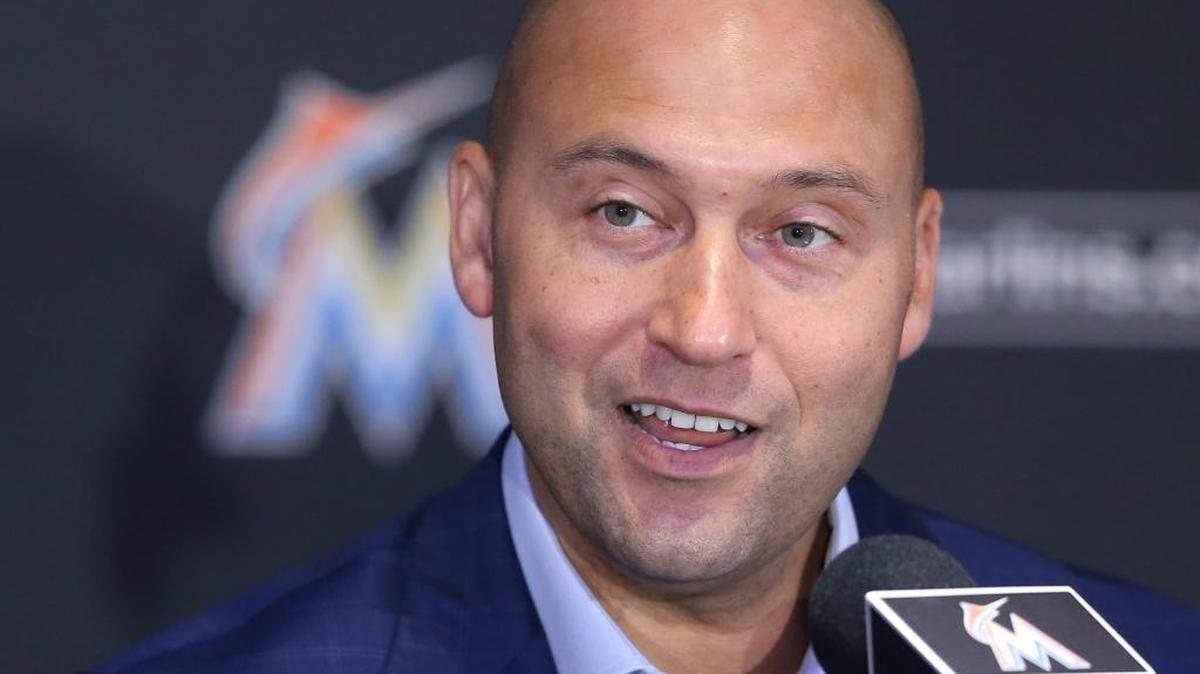 Derek Jeter with Bruce Sherman (not pictured) hold their first press conference as Marlins owners on Tues., Oct. 3, 2017.
