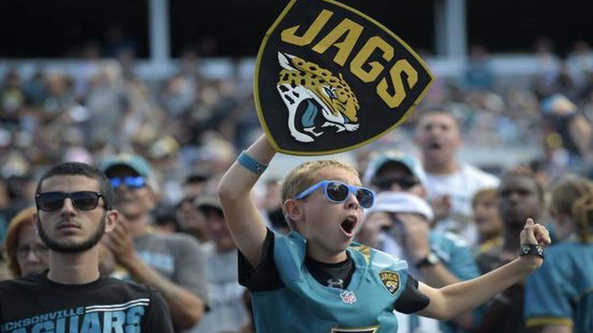 
A Jacksonville Jaguars fan cheers in the stands during a game against the Cleveland Browns in Jacksonville, Fla., Sunday, Oct. 19, 2014.
