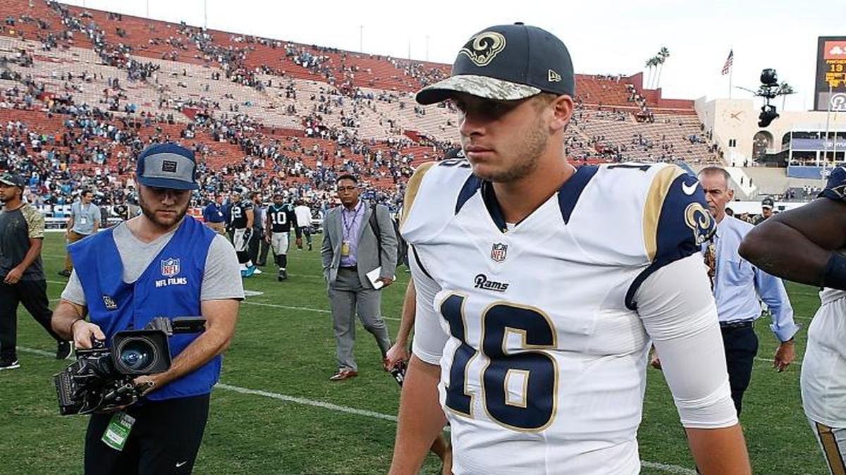 Rams backup quarterback Jared Goff leaves the field after the team suffered it's fourth loss in a row, losing 13-3 to the Carolina Panthers at the Coliseum on Nov. 6, 2016 in Los Angeles. Goff will start for the Rams against the Dolphins.